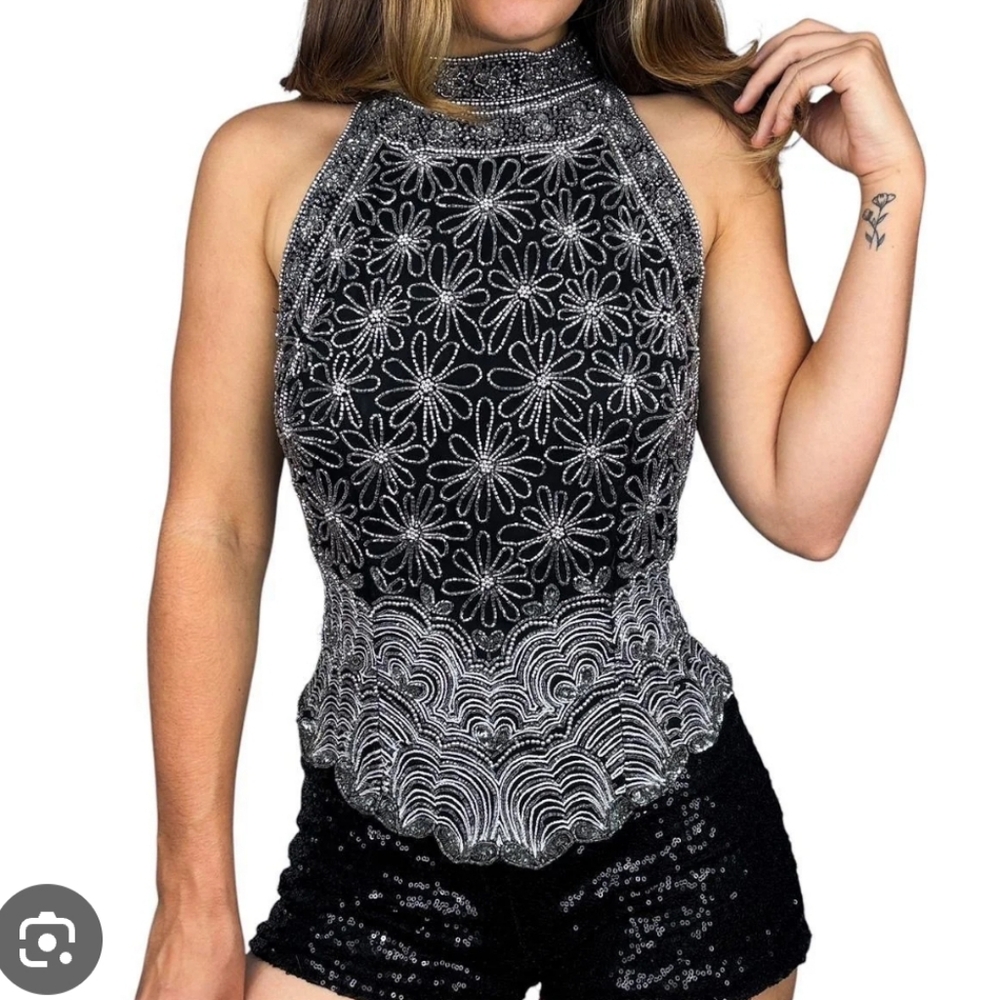 Vintage Pappel Boutique Embellished Black and Silver Women's Top